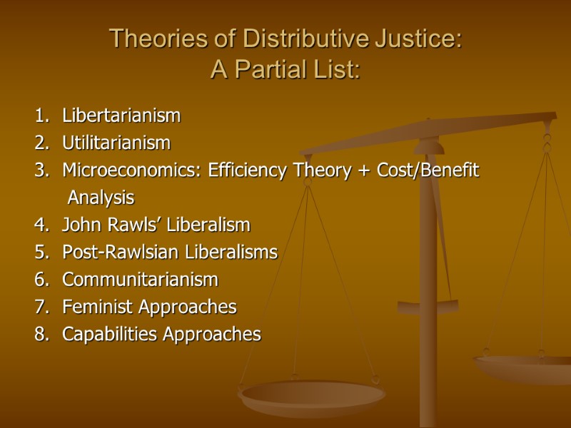 Theories of Distributive Justice: A Partial List: 1.  Libertarianism 2.  Utilitarianism 3.